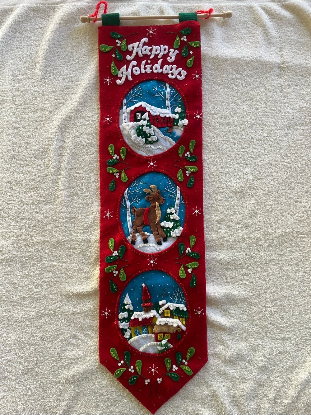 Bucilla Red Felt 'Happy Holidays' Vertical Banner with Blue Snowy Vignettes